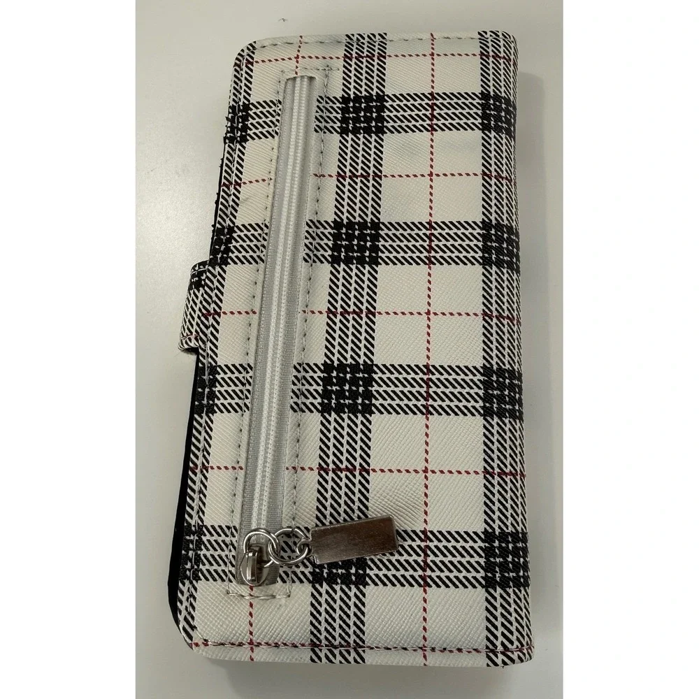White Plaid Tartan Small Bifold Wallet Snap Pocket ID‎ Window Minimalist NEW